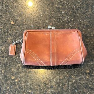 Coach Brown Leather Kiss-Lock Wallet with Logo Tag